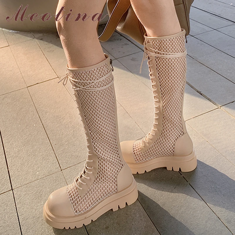 

Meotina Knee High Motorcycle Boots Women Platform Flat Boots Cut Out Round Toe Zipper Ladies Footwear Long Boots 2021 Autumn 43