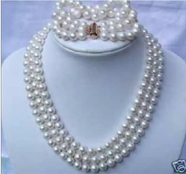 

triple strands South Sea White Pearl Necklace 18" Bracelet 8" 14KGP
