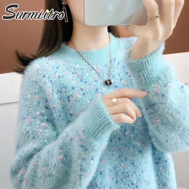 

SURMIITRO Faux Mink Cashmere Knitted Warm Sweater Women 2021 Autumn Winter Korean Style Long Sleeve Jumper Pullover Female