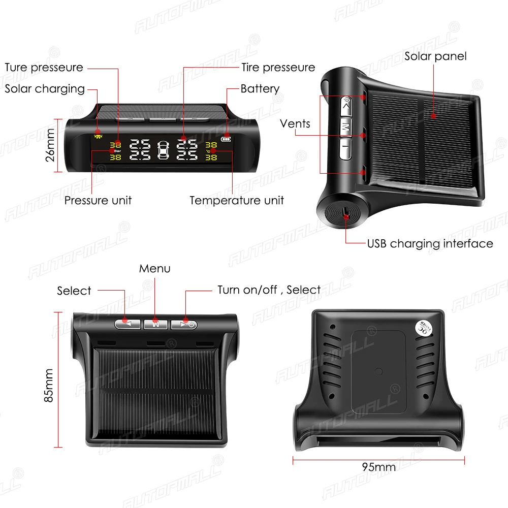 

TPMS Tire Pressure Indicator Smart TPMS Monitoring Alarm Solar power charging LCD Car Display tire Pressur monitoring system