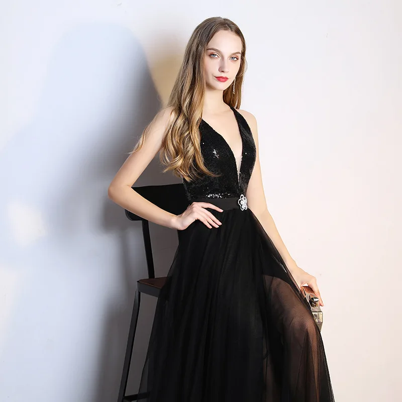 Sexy Black Deep V-neck Perspective Decoration Body Open Nightclub Show Evening Dresses Host Detailed Banquet Dress Long | Свадьбы и