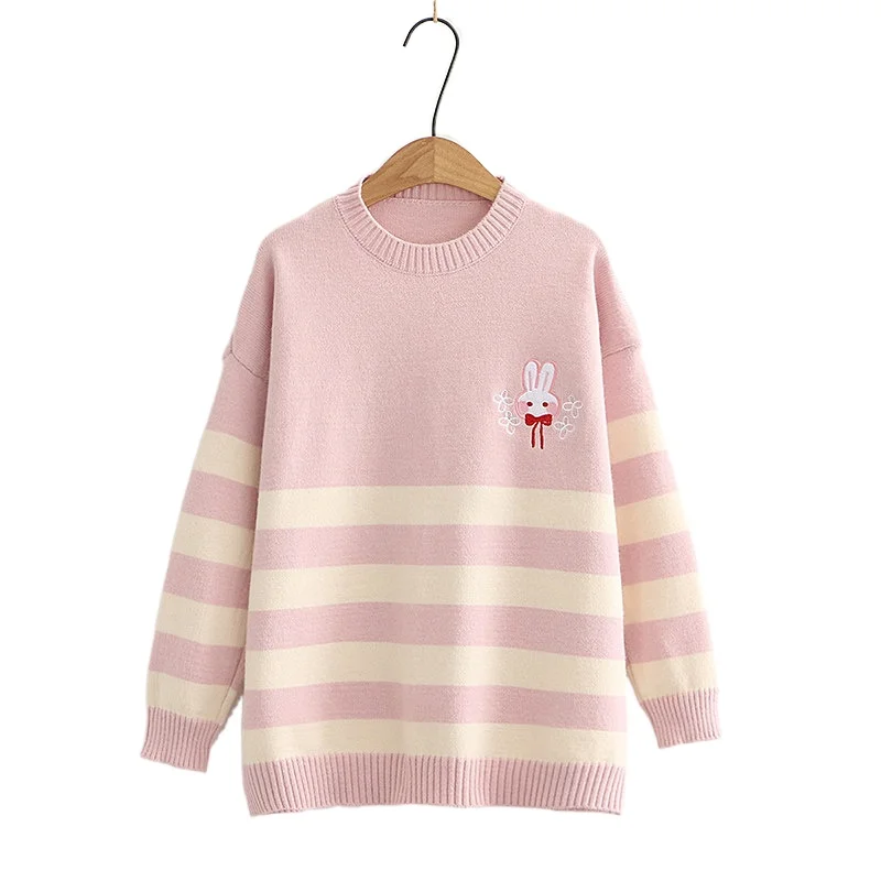 

Sweet Pink Cartoon Rabbit Women Sweaters Jacquard Striped Knitted Jumpers 2021 Winter Thick Warm Pullover Girl Cute Soft outwear