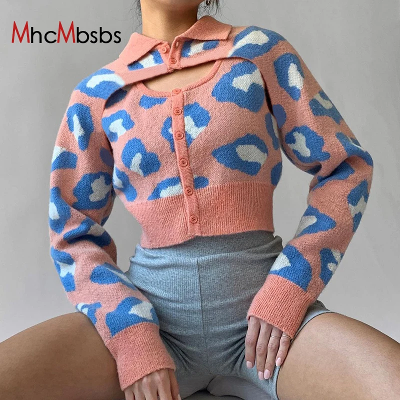 

Women Turn Down Collar Long Sleeve Knitting Cardigan Sweater 2021 Autumn New Printed Cover Ups Casual Stylish Top