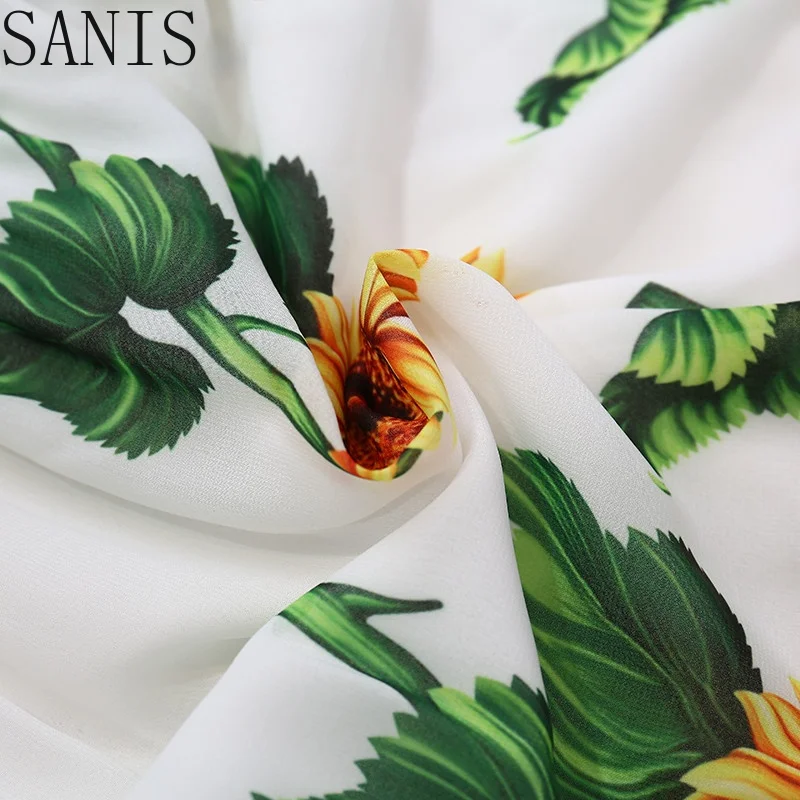 

Sanis 2021 Summer Elegant Ruffles Irregular Midi Dress Women Flare Sleeve Fashion Sunflower print Elastic waist Holiday Dress