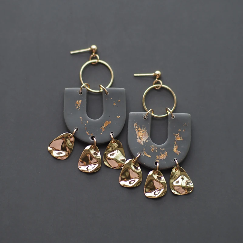 

Brass Ring Chips Handmade Gold Foil Marble Pattern Polymer Clay Earrings Geometric Drop Dangle Pendant Statement Large Earrings