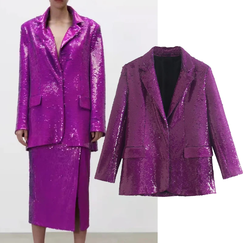 

Za Blazer Women's 2022 Fashion Cardigan Jacket Sequin Blazer Retro V-neck Long Sleeve Women's Jacket Chic Street Jacket Femme