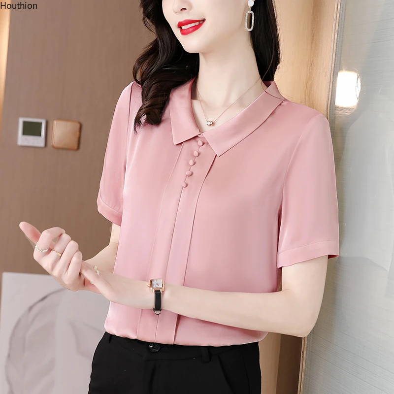 

Polo Shirt Silk Satin Slim Women's Blouses Solid Buttons Summer Tops Fashion Short Sleeve New Casual Blouse Houthion