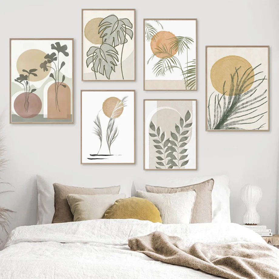 Boho Monstera бамбуковый лист солнце абстрактная настенная Картина на холсте