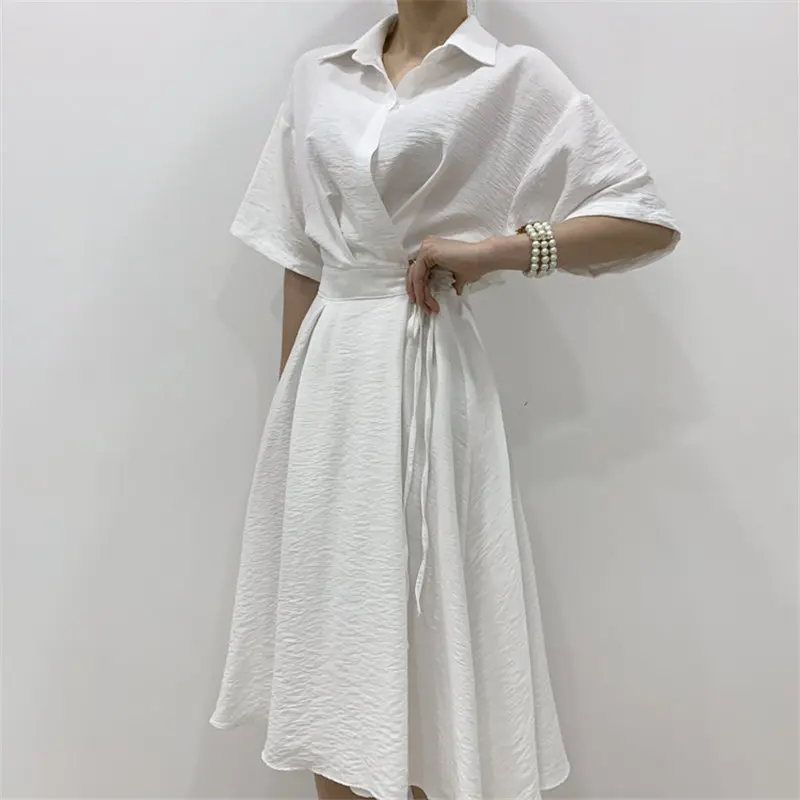 

YAMDI New Arrival Elegant Slim Sweet Solid Short Sleeves Cotton Linen 2020 Korea Slender Women All Match Long Dresses Vestidos