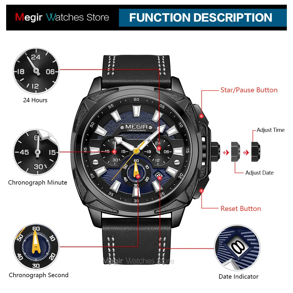 

MEGIR Men Military Sport Watches Luxury Waterproof Wristwatch Man Relogio Masculino Casual Leather Chronograph Quartz Watch 2128