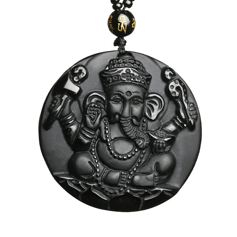 

Men Necklace Pendant Black Obsidian Carved Elephant Trunk God Pendant Gift for Male Fine Jewelry