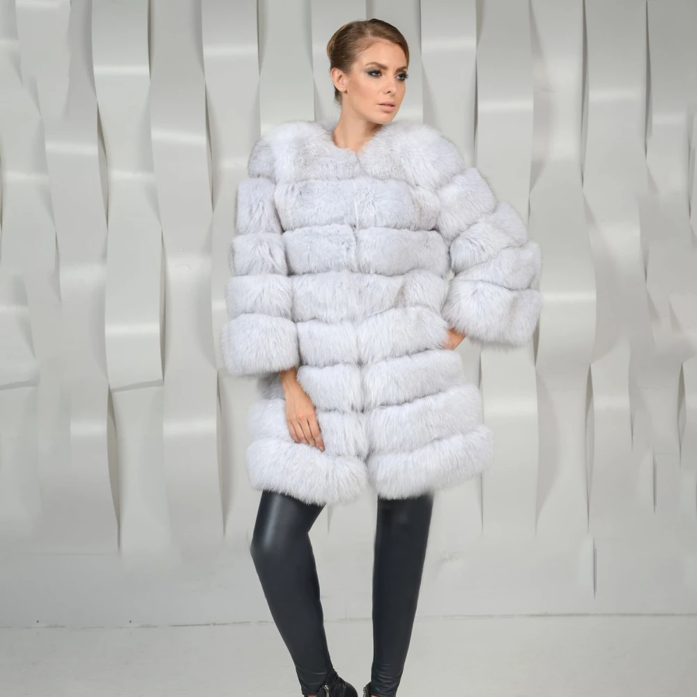 Женское пальто из натурального меха TOPFUR белое толстое с круглым вырезом и