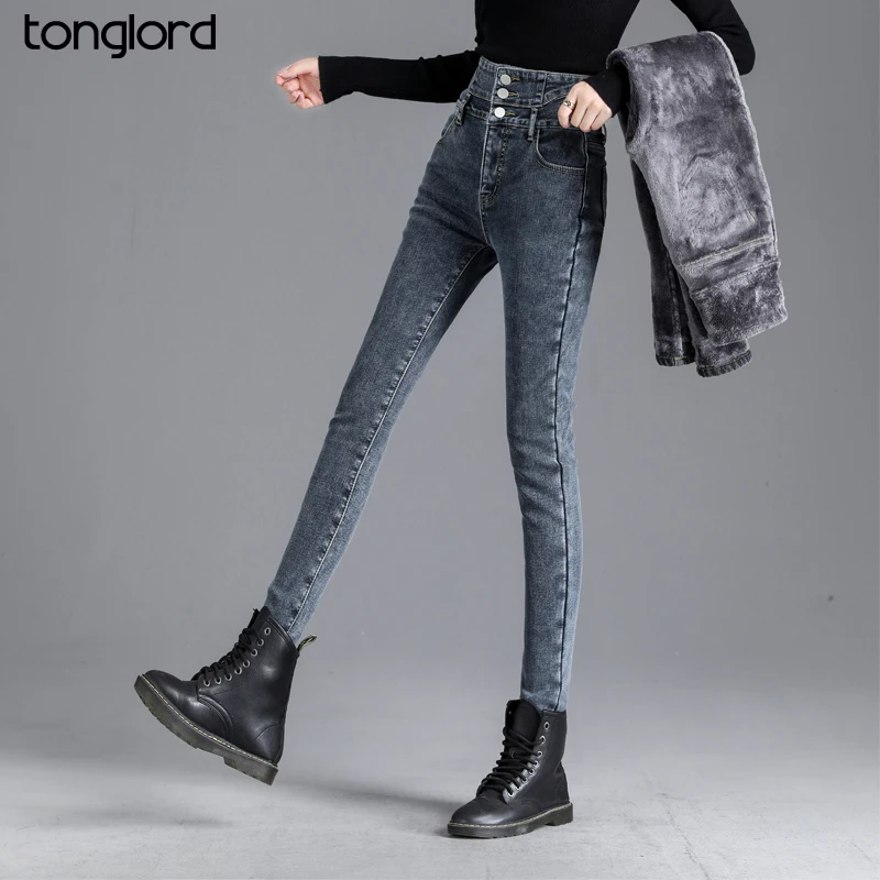 

Women Plus Velvet Warm Streetwear Jeans 2020 New Autumn Winter Button Fly High Waist Elasic Denim Pencil Pants Mujer Pantalones