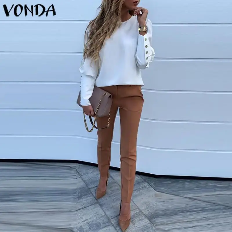 VONDA, Офисная Женская блузка на пуговицах сзади, женские рубашки, Сексуальные вечерние топы, осень, богемная туника, повседневные свободные блузы размера плюс