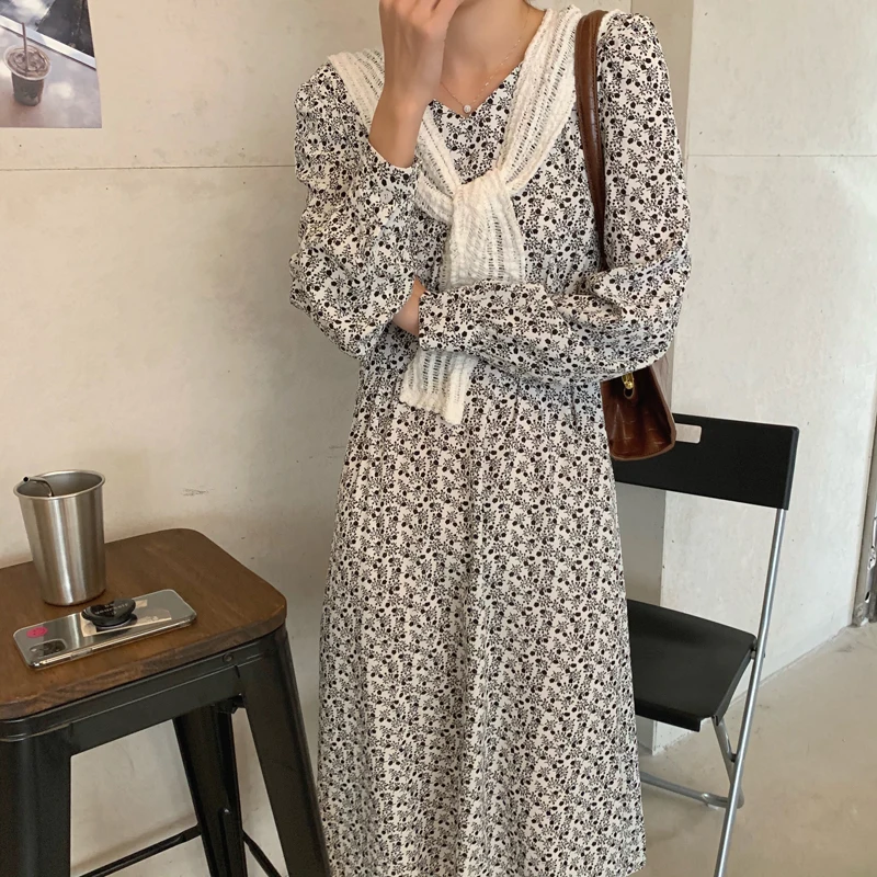 

Vintage Women Vestidos Floral Autumn A-Line High Waist Long Sleeve Spring Elegant Retro Boho Dress with Shawls