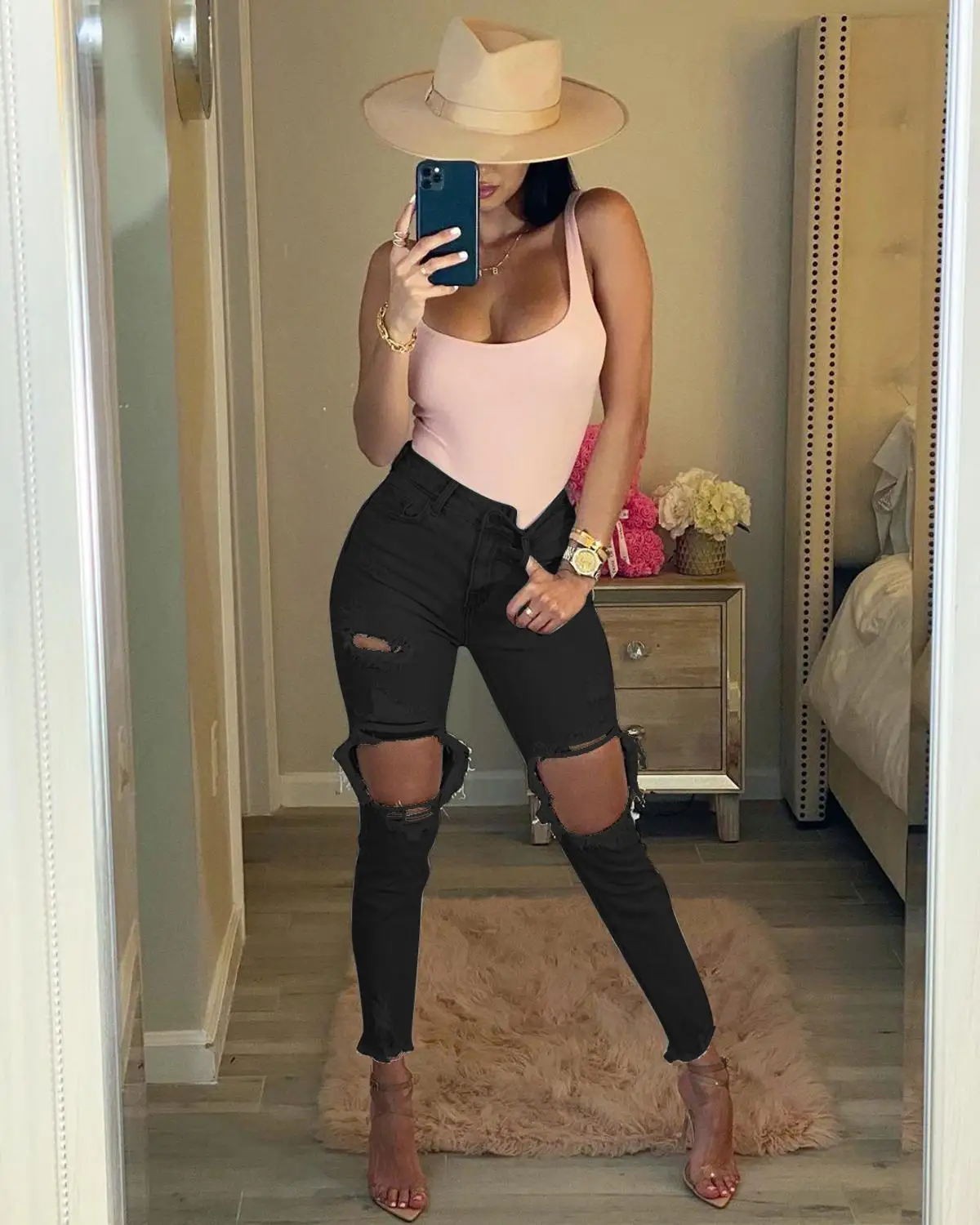 

Echoine Fashion Pencil denim Pants Sexy Ripped jeans Fringe Hollow out High Waist Bodycon Hole Women Trousers Club Outfits