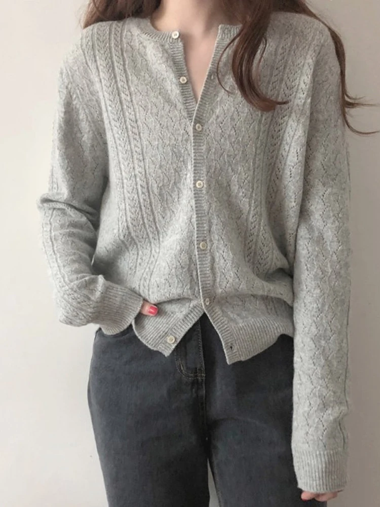 

Новинка Осень 20, кардиган с вырезами, женский свитер с круглым вырезом, вязаный свитер в Корейском стиле, куртка свободного кроя