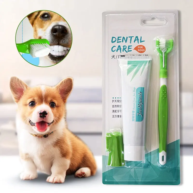 

WSFS Hot 3 sets of dog pet finger toothbrush three head toothbrush toothpaste set pet health care toothpaste tooth calcul