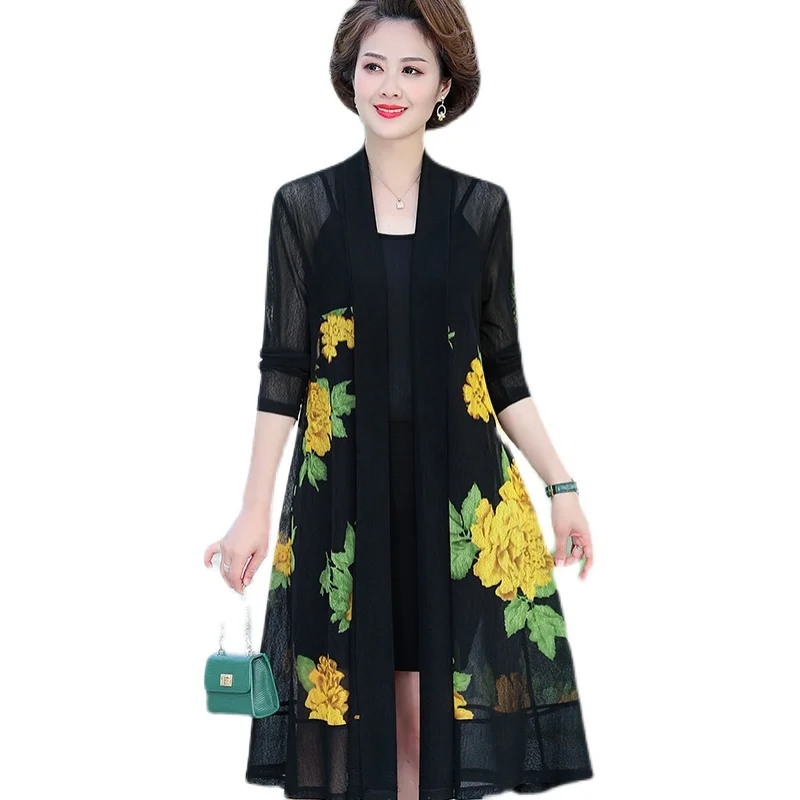 

Spring Summer Middle-Aged Women Suit Vintage Flower Print Long Sleeved Cardgain and Sleeveless Vest Dress 2 piece sets women