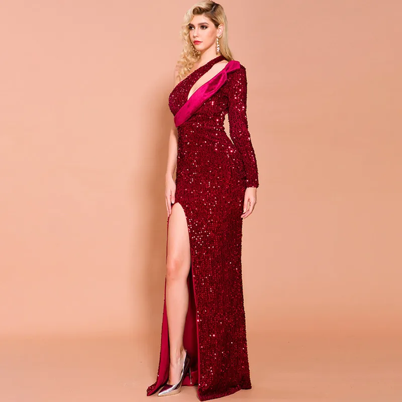 

Sexy Black Irregular Neck One Shoulder Sequin Evening Dress 2020 Mermaid Elegant High Split Long Evening Gown Real Photo LE4026