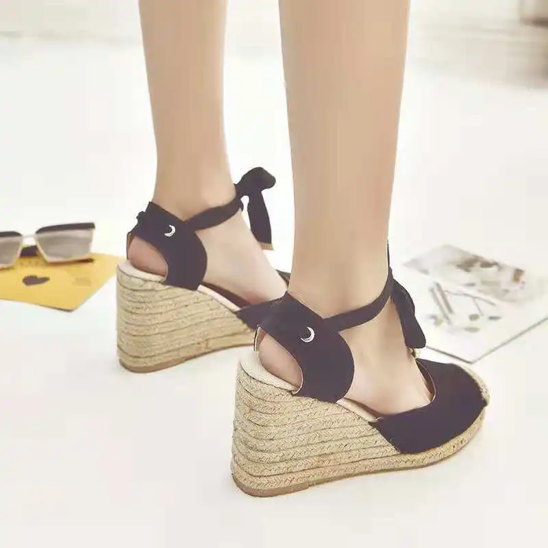

New Women's Sandals 2020 Spring and Summer Slope with Fish Mouth Sandals Female Large Size Straps Hemp Rope Flat Sandals