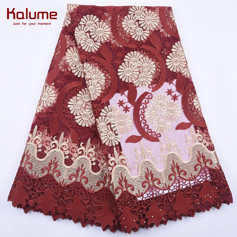 Kalume высокое качество Африканское молочного цвета Шелковое кружево ткань камни