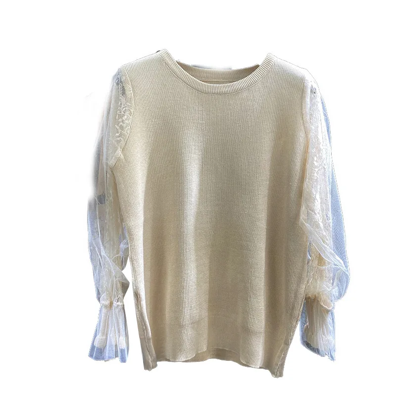 

Women's 2021 spring autumn Lace Lantern sleeve O neck slim sweater korean style elegant lady Tops wholesale