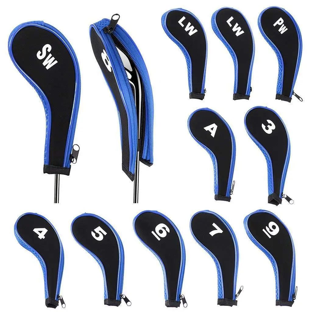 

12pcs/set Golf Iron Headcovers Zipper Type Golf Club Iron Head Covers 3-9 PASL Black Blue Wedges Covers Sports Golf Accessories