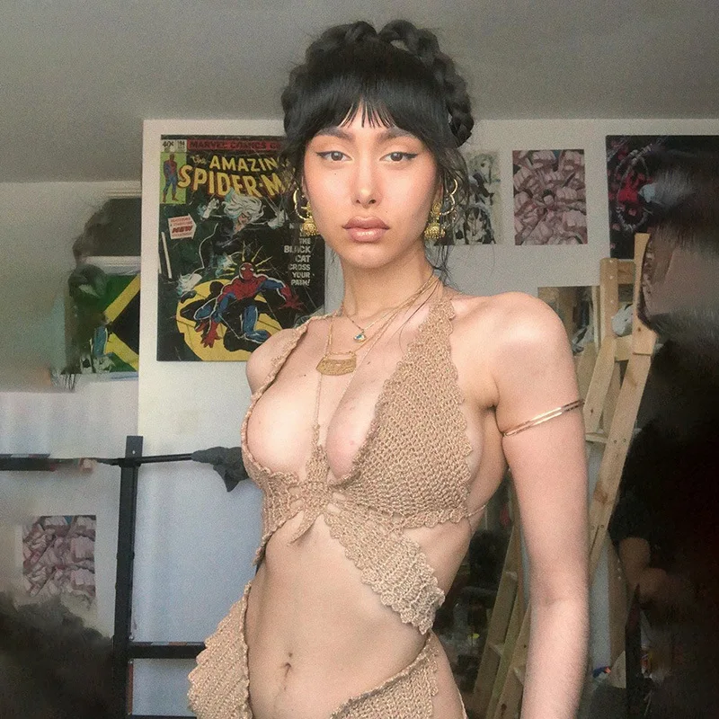 

Летний однотонный вязаный бандажный кроп-топ с бабочками, сексуальные летние топы, винтажная Женская майка на шнуровке, футболка с открытой...