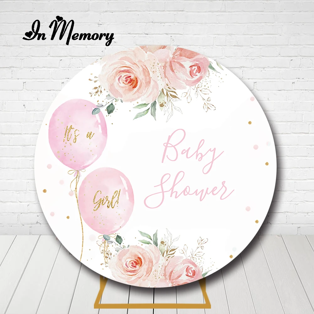 

InMemory Light Pink White Baby Shower Round Backdrop Cover Flowers Balloons It's A Girl Newborn Circle Background Customized