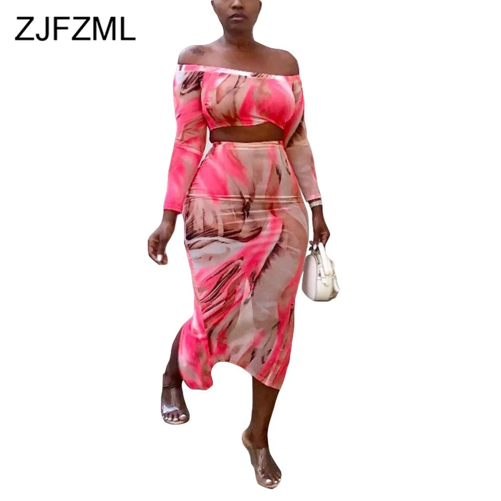 

Sexy Mesh Patchwork 2 Two Piece Set Fall Clothes for Women Off Shoulder Long Sleeve Crop Top Back Split Sheath Skirt Sweat Suits