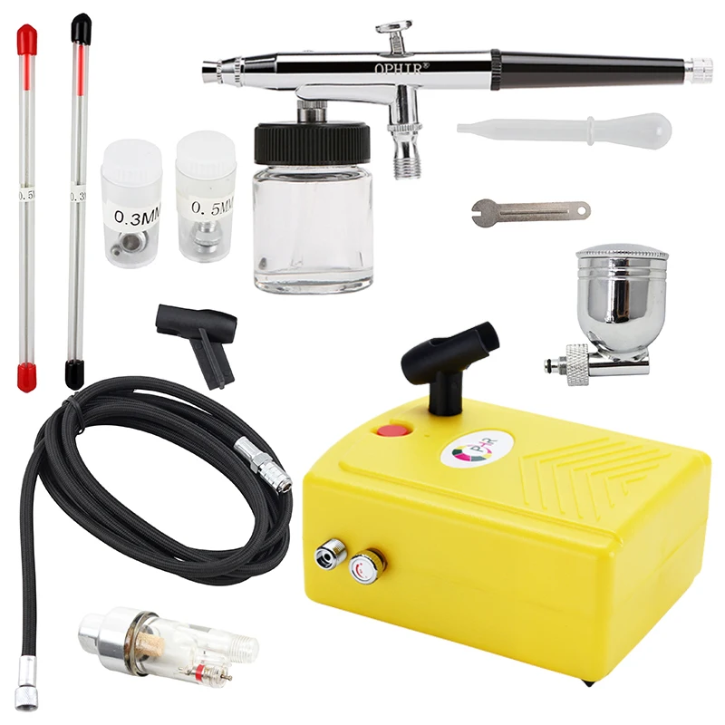 OPHIR 0.3mm Dual Action Airbrush Kit with Mini Air Compressor for Cake Decorating Art Hobby Airbrushing Paint Gun/Air Brush