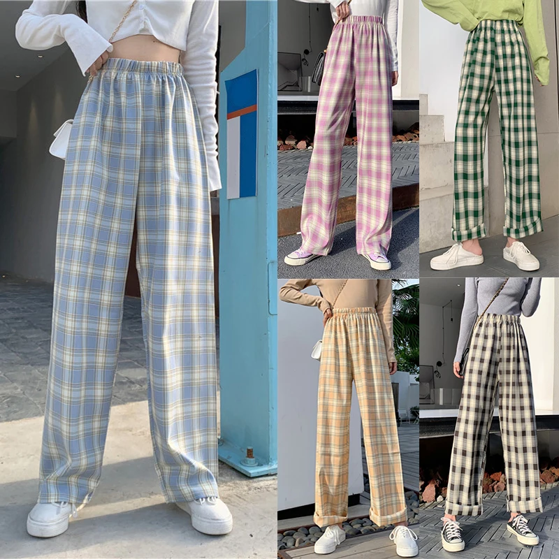 

Plaid Women Pants Elastic High Waist Korean Fashion Plus Size Loose Spring Ladies Full Straight Pants Casual Trousers S-3XL