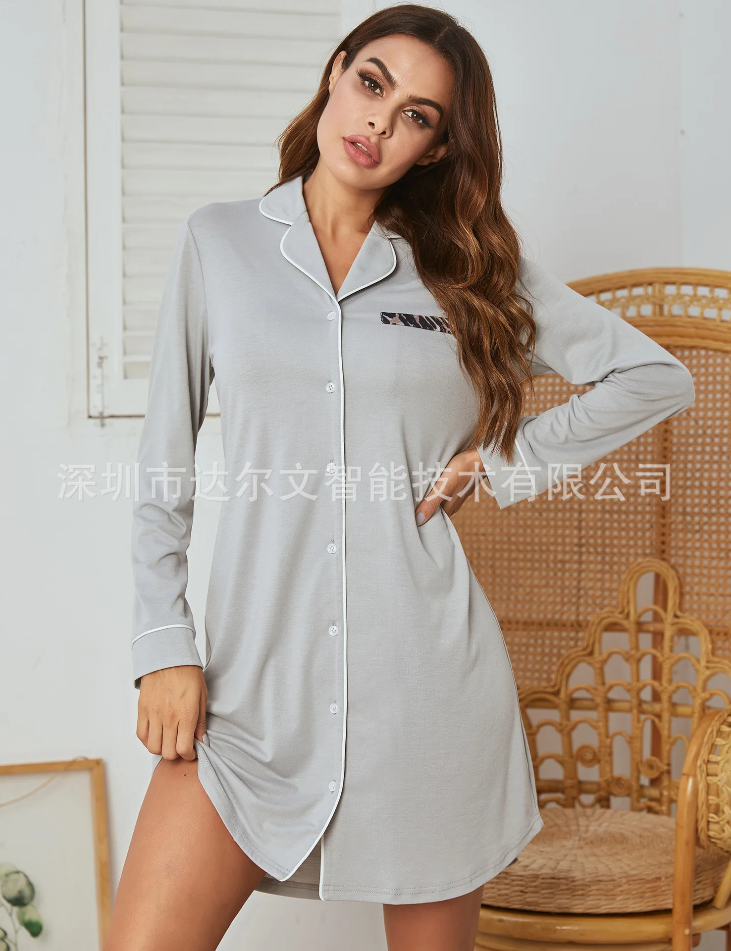 Women's New Long Sleeve Knitted Nightdress Lapel Housewear Women's Sexy Loose Nightdgown Women Nightwear  Above Knee, Mini