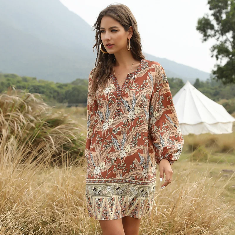 

Summer Casual Dress Women Lantern Sleeve Bohemian Print V Neck Mini Dress 2021 New
