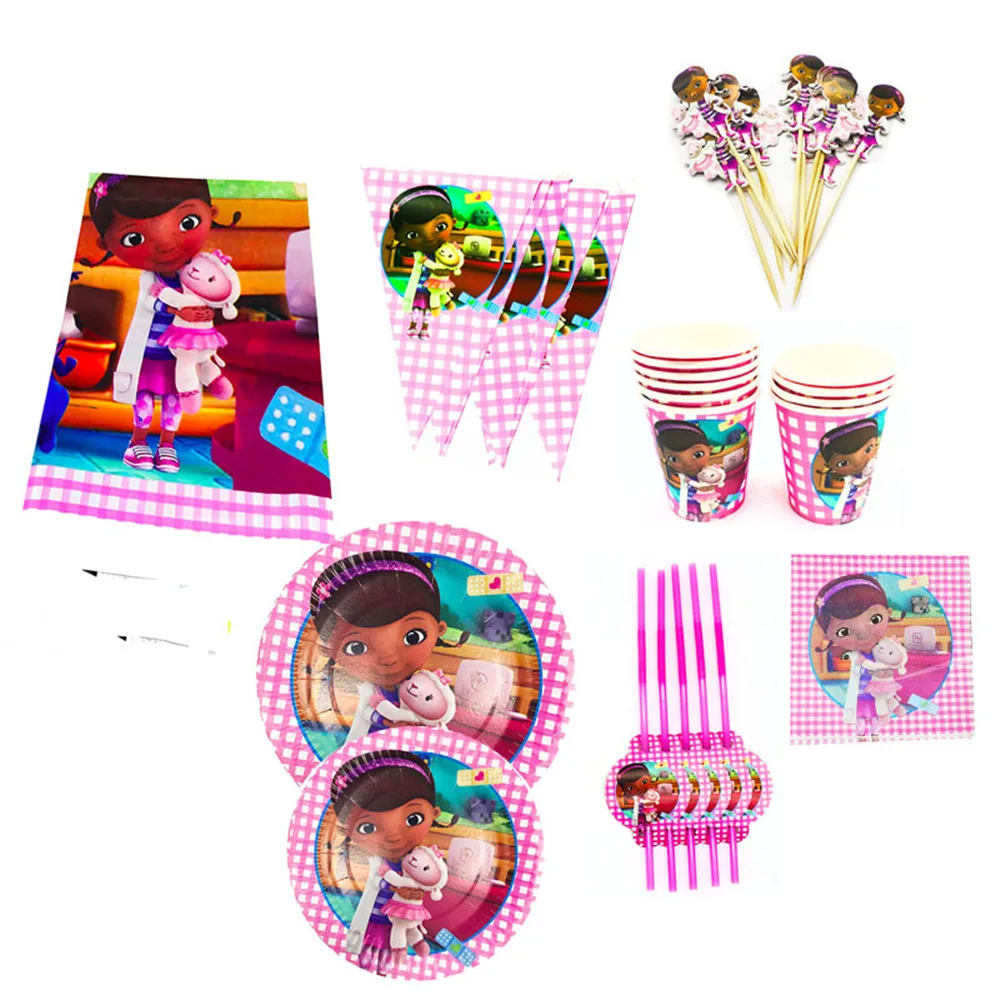 

91PcsDoc McStuffins Birthday Party Decorations Baby Shower Doc McStuffins Theme Disposable Napkins Tablecloths Plates Straws