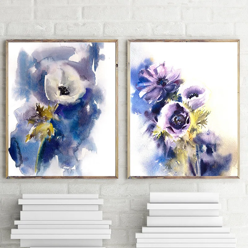 Anemones белая фиолетовая синяя Цветочная печать абстрактная ботаническая стена