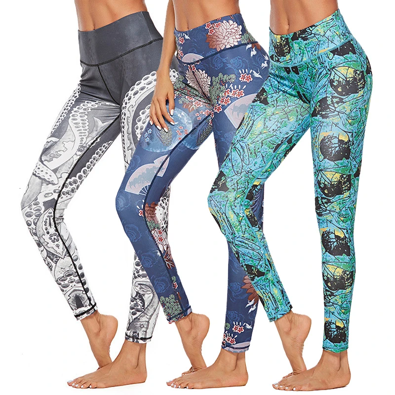 Штаны для йоги с принтом спортивные Леггинсы высокой талией фитнеса женские