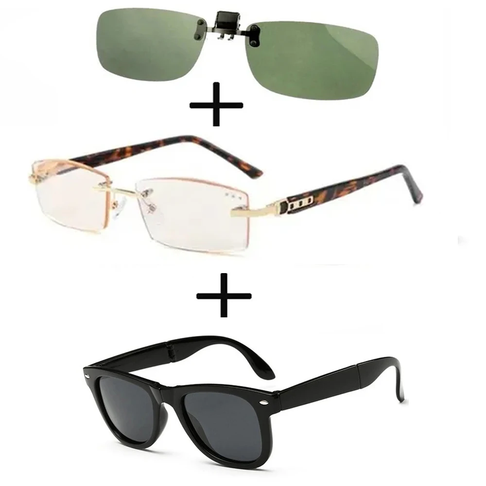 

3Pcs!!! Titanium Gentleman Diamond Cut Reading Glasses Men Women + Polarized Sunglasses Squared Ultralight + Sunglasses Clip
