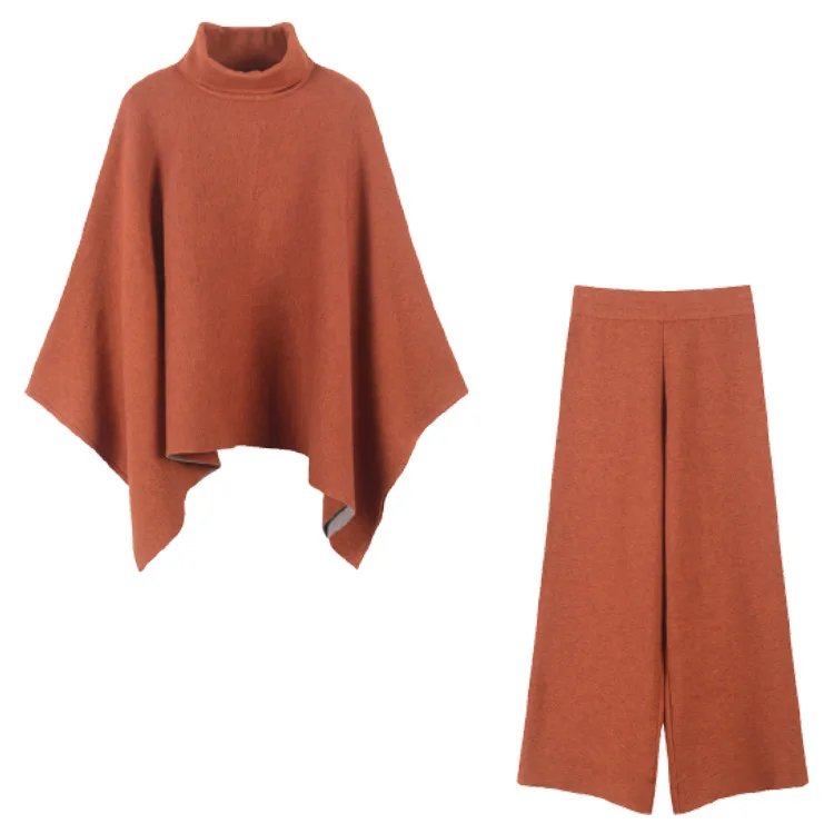 

SuperAen 2021 Autumn Winter New Solid Turtleneck Sweater+high Waist Wide Leg Pants Two Pieces Sets