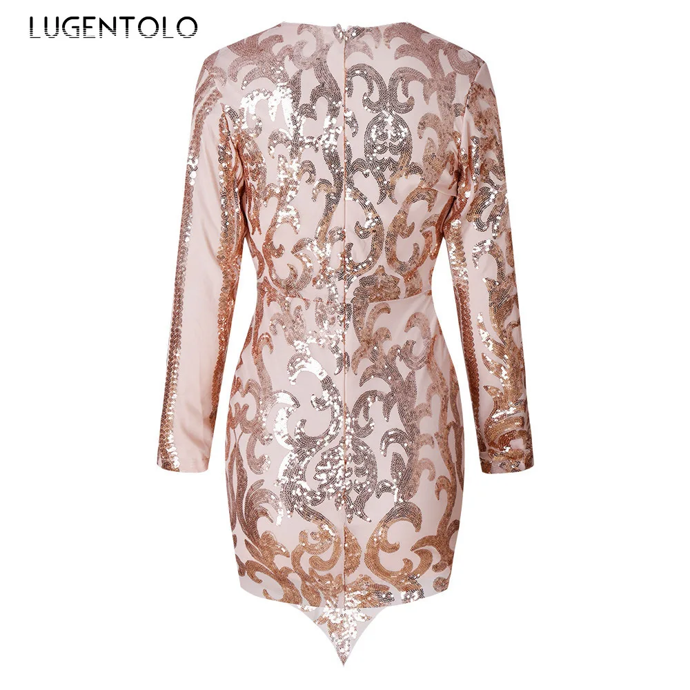 

Lugentolo Women Bodycon Dress Sexy Sequins Nightclub Long Sleeve Irregular V-neck Positioning Embroidered Lady Short Dress