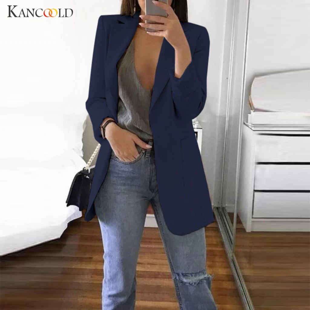 KANCOOLD, Осень-зима, Женский блейзер, карманы, двубортный, длинный рукав, офисная одежда, пальто, одноцветная, Женская Повседневная Верхняя одежда, топы 09