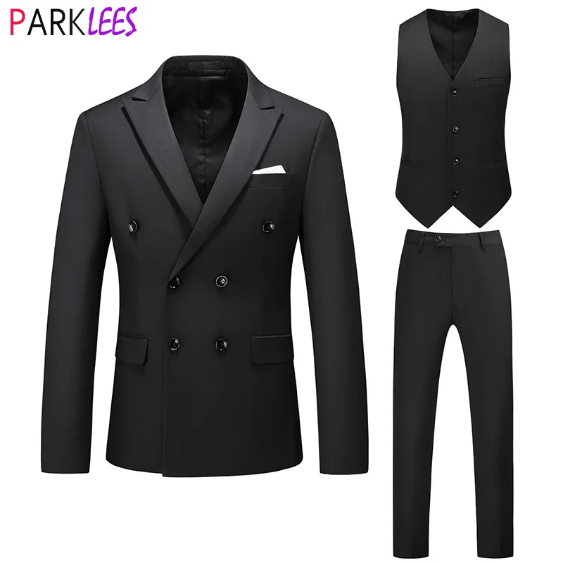 

Men's Double Breasted Black Dress Suits Slim Fit Notched Lapel 3pcs Suits (Jacket+Pants+Vest) Wedding Business Terno Masculino