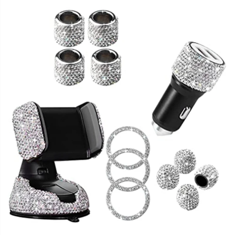 

13Pcs Bling Car Accessories Set for Women Car Phone Holder Car Headrest Collars Dual USB Car Charger Tire Valve Stem Cap