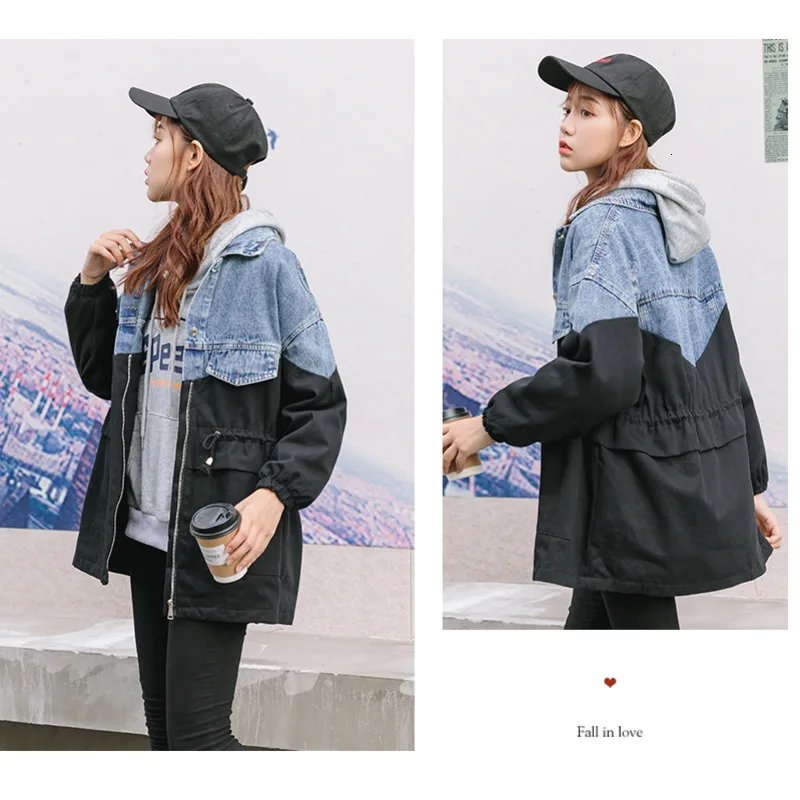 

Patchwork Denim Women's Windbreaker Lapel Lantern Sleeve Hit Color Drawstring Plus Size Coat Female 2021 Autumn Fashion