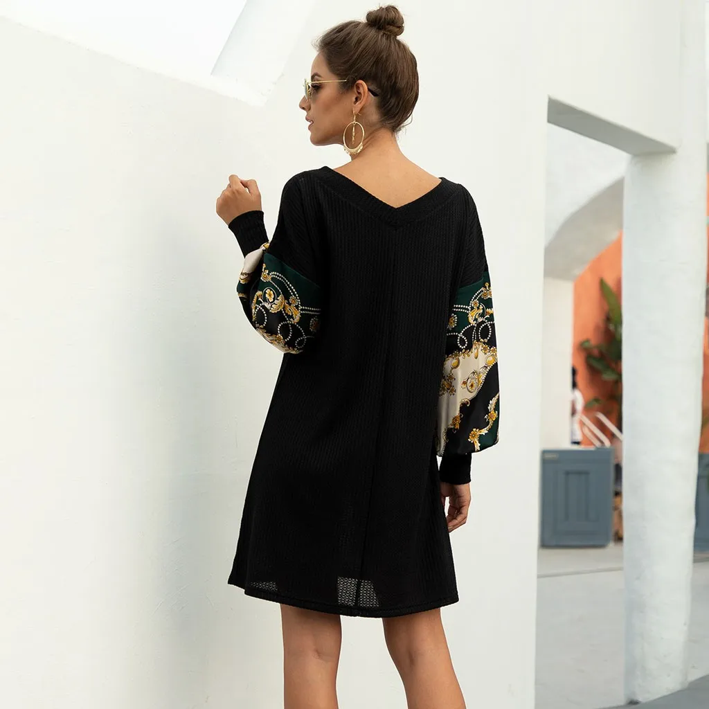 Dress For Women Casual Loose V-Neck Printed Paneled Lantern Sleeve High Waist bandage Shirt Evening Party Dresses Sukienka | Женская