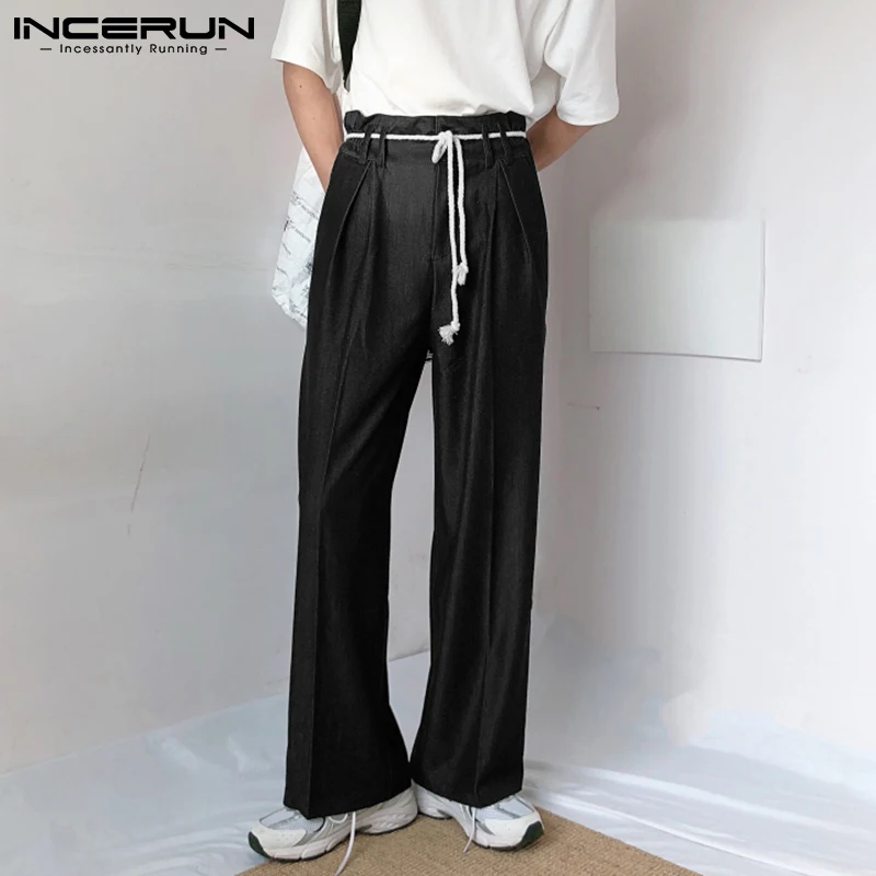 

Стильные прямые брюки INCERUN в Корейском стиле, мужские повседневные уличные брюки, свободные однотонные драпированные широкие брюки, модель ...