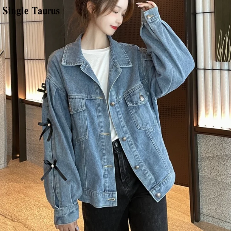 

Женское джинсовое пальто с бантом и длинным рукавом, свободного покроя