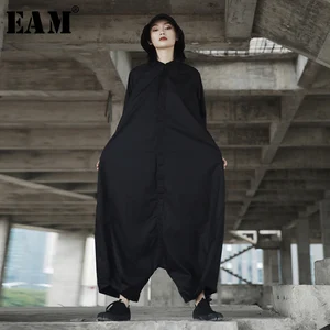 EAM 2019 весна мода новая личность Свободные Большой размеры одноцветное цвет Половина рукава комбинезон с круглым вырезом для женщин YA11601