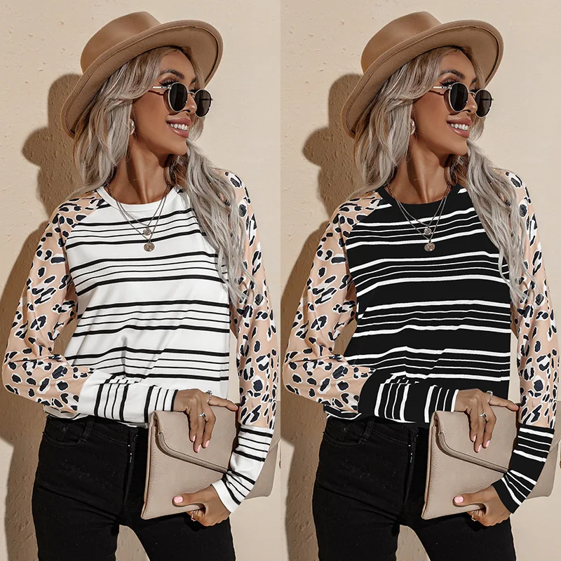 

2021 T Shirt Women Stripe Long Sleeve Tops O Neck Loose Pullover Autumn WinterClothing